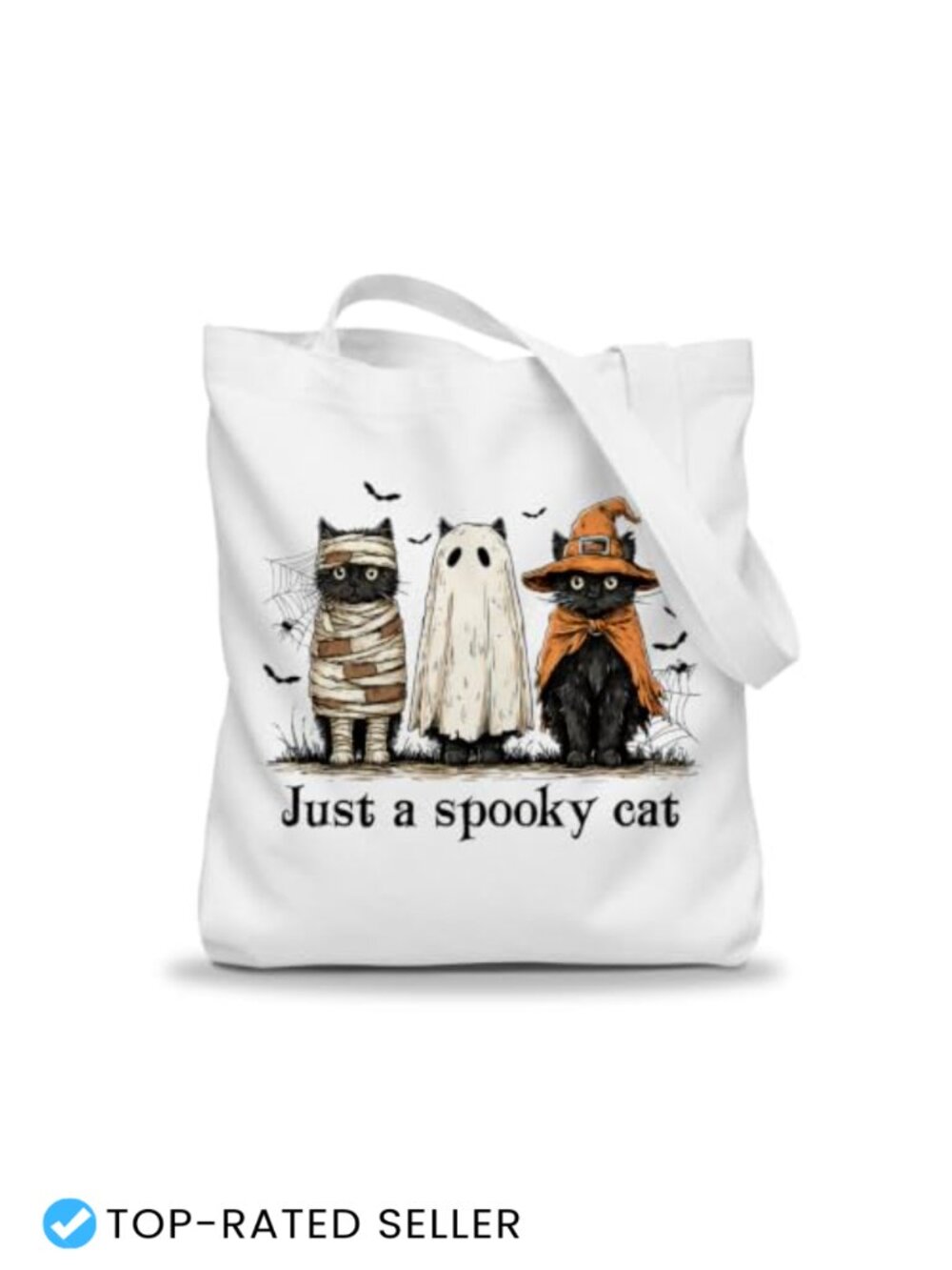 Reusable Halloween Canvas Tote Bag, Spooky Cat Ghost Print, Large Capacity,
